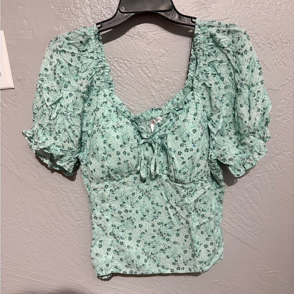 No Boundaries Mint Floral Puff Sleeve Blouse